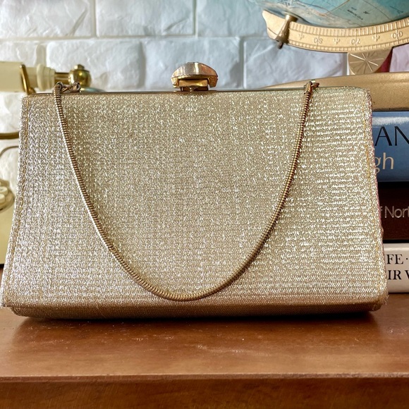 SOLD Vintage 1950s Lamè Fabric Clutch Bag Gold Tone Frame + Faux Pearl Shell - Picture 2 of 14